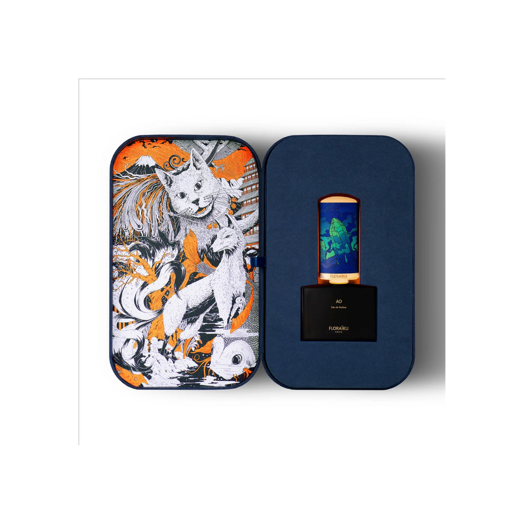 Perfume bottle with decorative case featuring a stylized animal design.