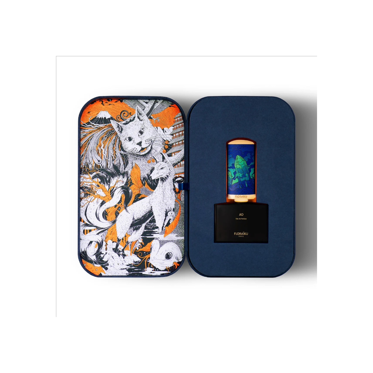 Perfume bottle with decorative case featuring a stylized animal design.