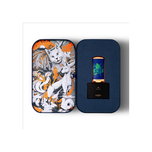 Perfume bottle with decorative case featuring a stylized animal design.
