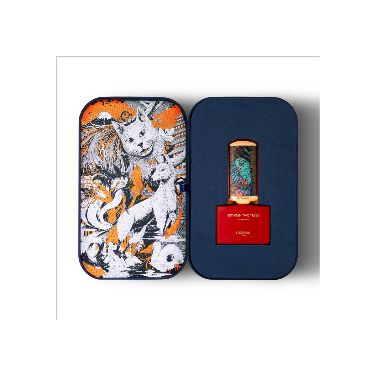 Perfume bottle with decorative packaging featuring a wolf design on an orange background.
