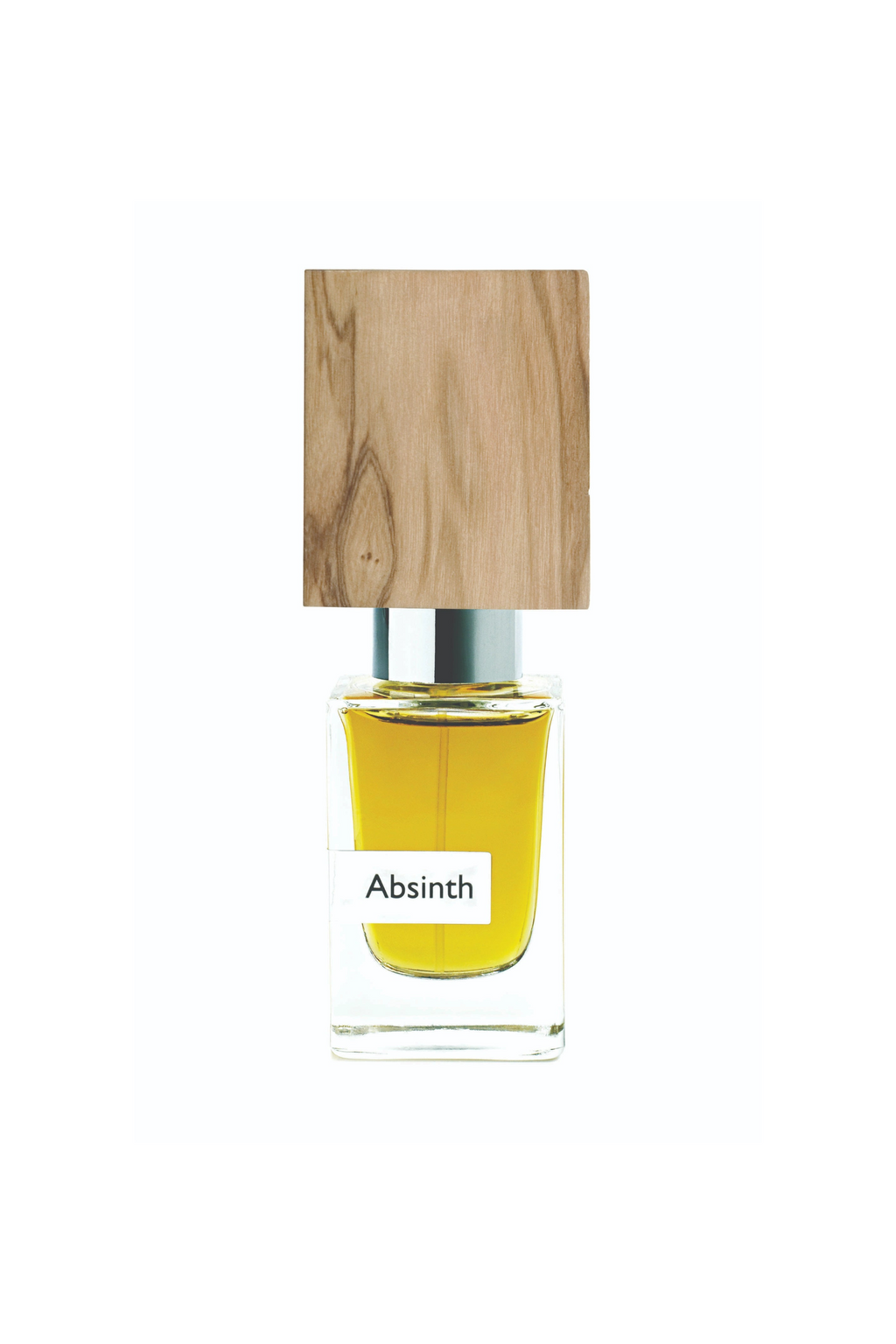 Absinth perfume bottle with wooden cap on a white background