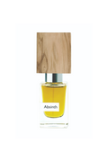 Absinth perfume bottle with wooden cap on a white background
