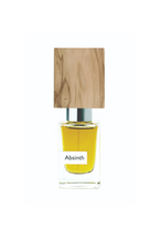 Absinth perfume bottle with wooden cap on a white background