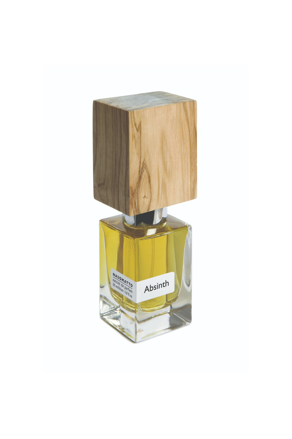 Perfume bottle labeled 'Absinth' with a wooden cap on a white background