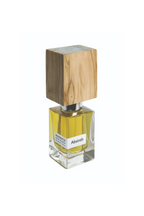 Perfume bottle labeled 'Absinth' with a wooden cap on a white background