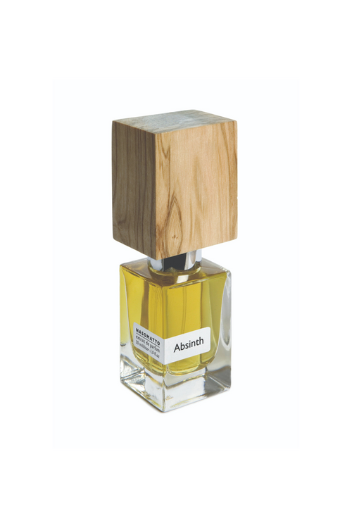 Perfume bottle labeled 'Absinth' with a wooden cap on a white background