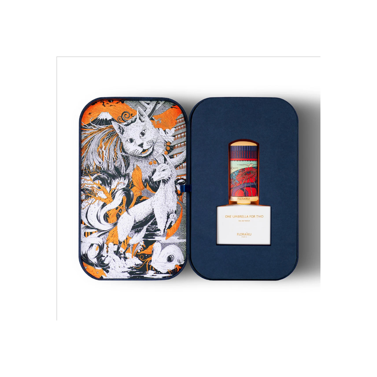 Perfume bottle with decorative packaging featuring a cat design on a white background