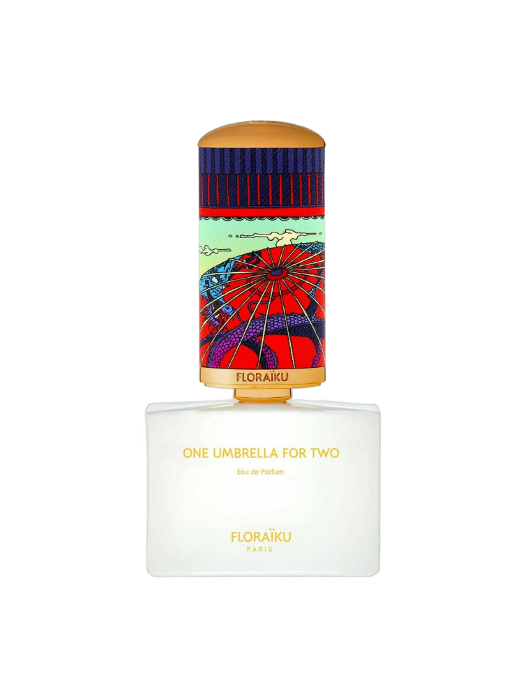 Floraiku perfume bottle with colorful umbrella design on a white background