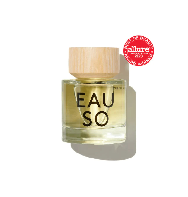 Perfume bottle labeled 'EAU SO' with a wooden cap on a white background, featuring the Allure Best of Beauty 2023 award badge.