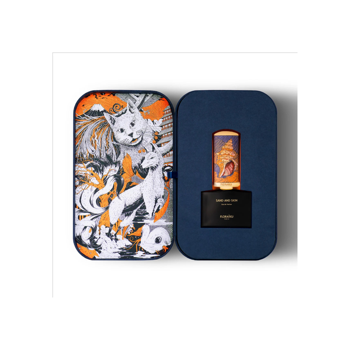 Perfume bottle with decorative case featuring a wolf design on a white background