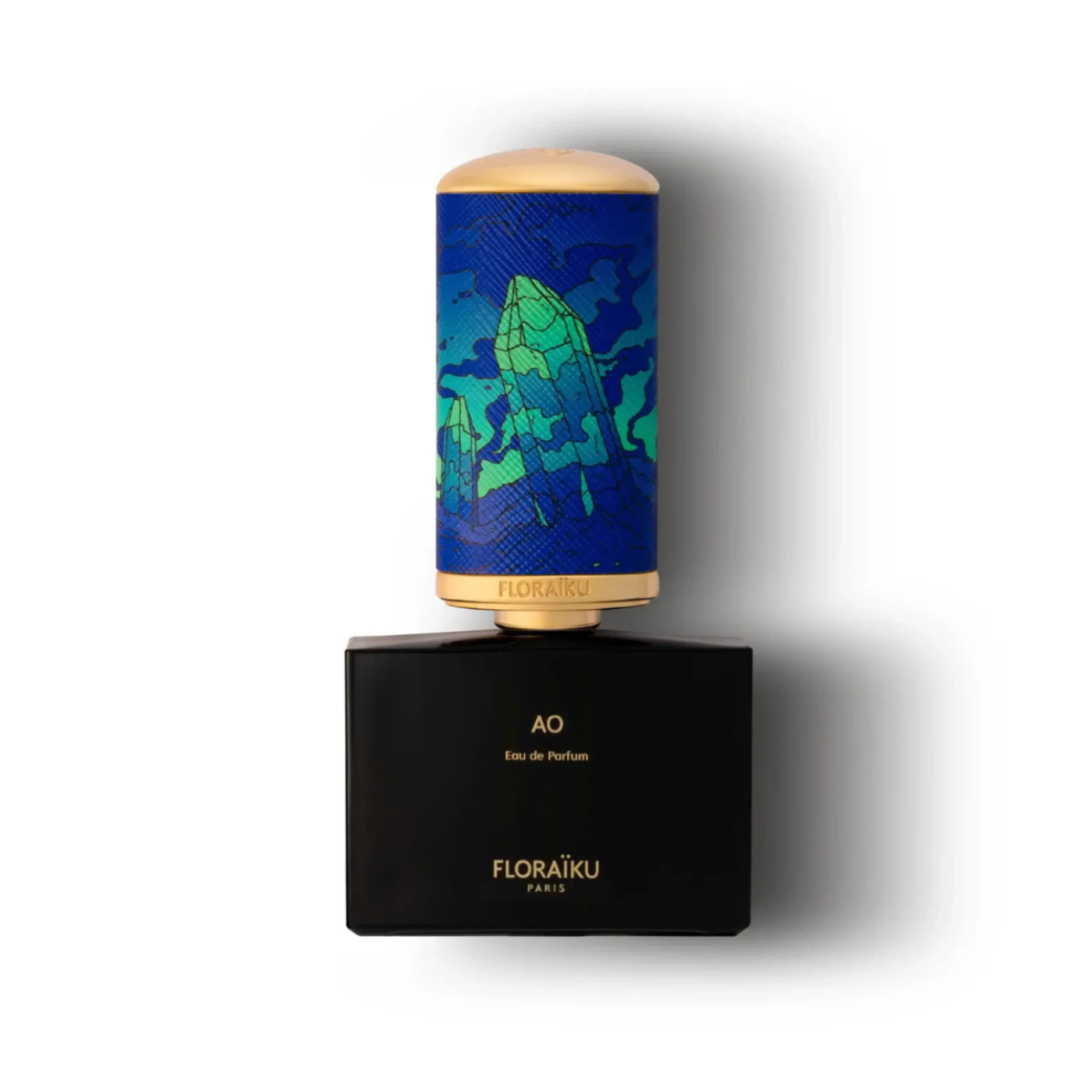 Floraiku AO Eau de Parfum bottle with blue and green label on a white background