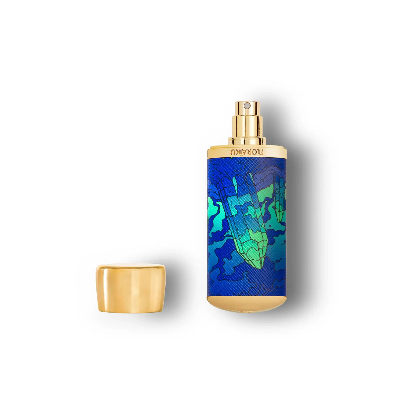 Perfume bottle with blue and green pattern on a white background