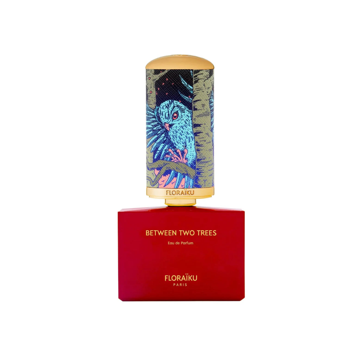 Floraiku perfume bottle with red base and colorful owl design on cap