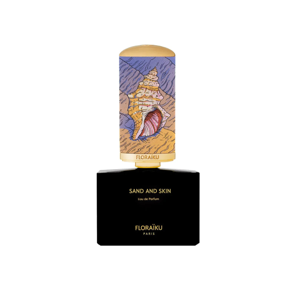 Floraiku Sand and Skin perfume bottle with shell design on a white background